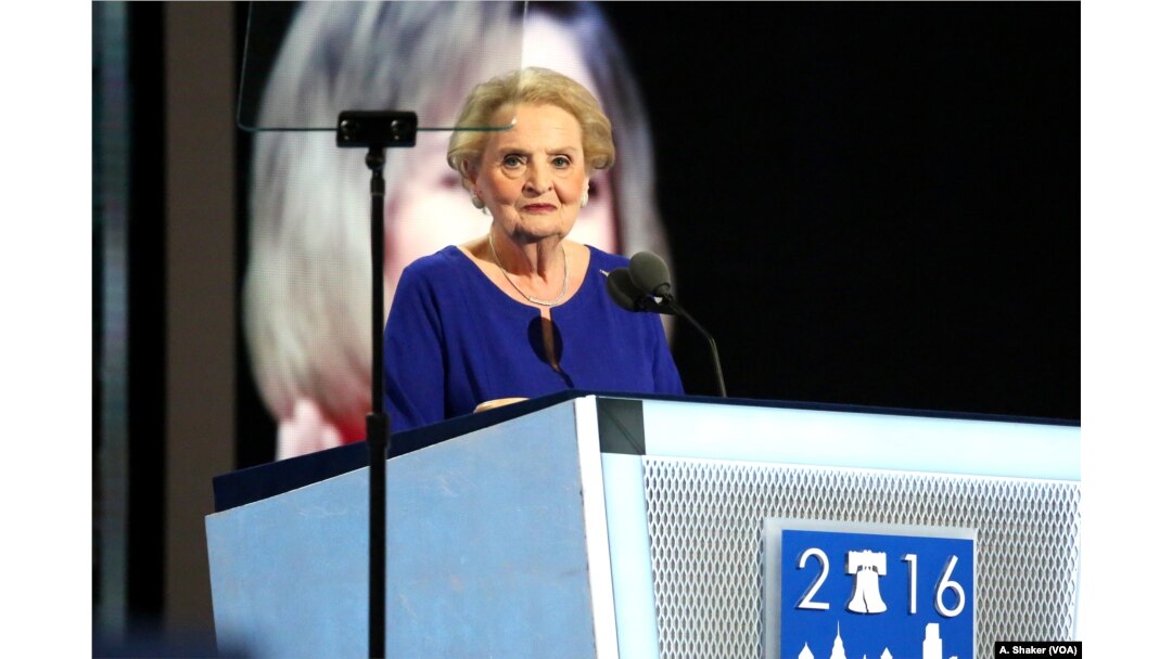 FILE - Former U.S. Secretary of State Madeleine Albright addresses the crowd on day two of the Democratic National Convention in Philadelphia, July 26, 2016 (A. Shaker/VOA)