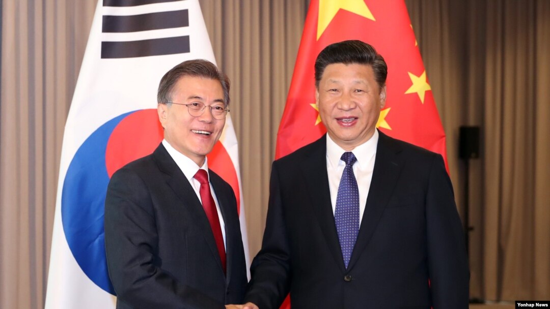 문재인 한국 대통령과 시진핑 중국 국가주석이 지난 7월 독일 베를린에서 열린 정상회담에서 악수하고 있다.