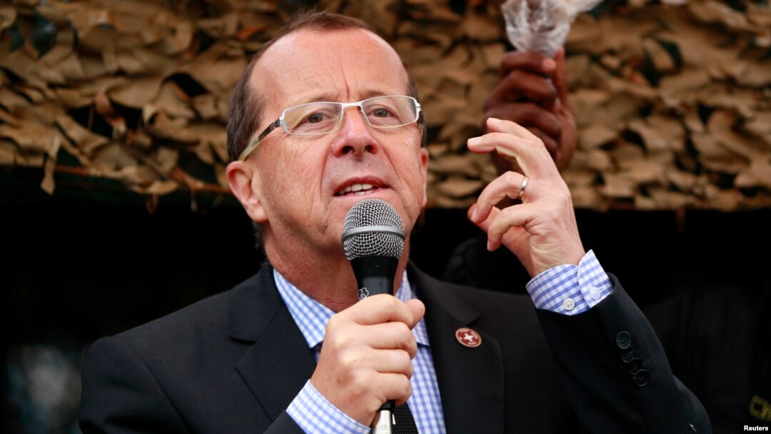FILE - U.N. special envoy to Congo, Martin Kobler, addresses troops outside Goma in the eastern Democratic Republic of Congo, Aug. 31, 2013. 