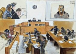 In this courtroom artist's sketch made from a video screen monitor of a Brooklyn courtroom, defendant R. Kelly, top left, listens as Jerhonda Pace, far left, testifies against the R&amp;B star during the singer's sex abuse trial, Aug. 18, 2021.