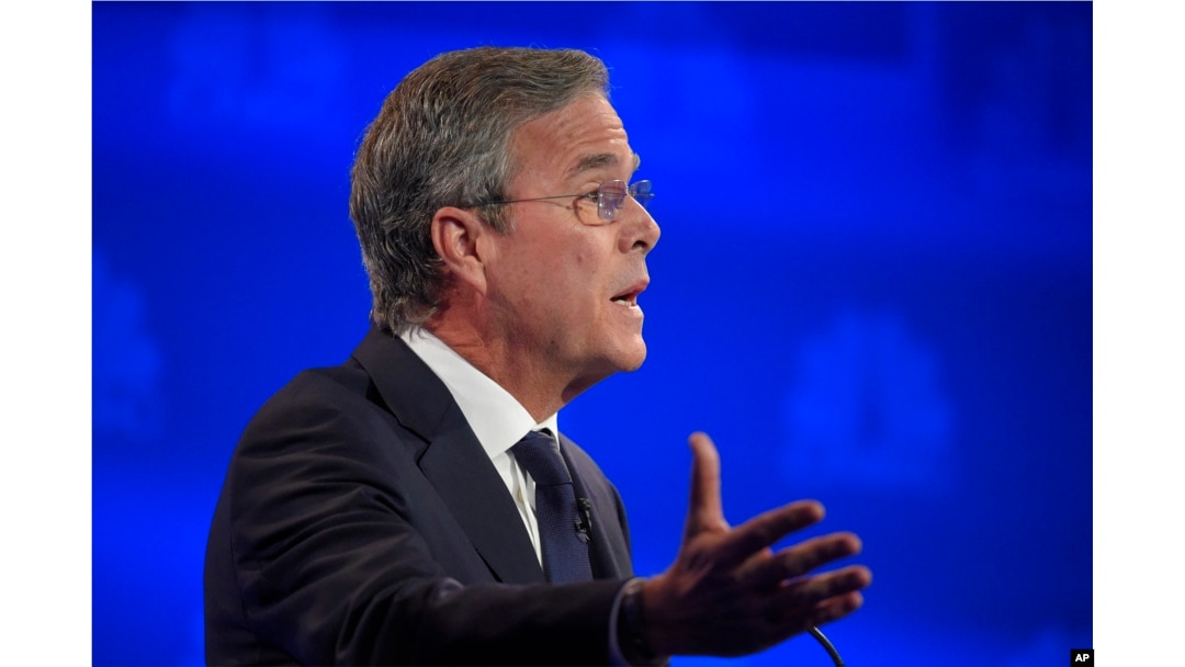 FILE - Jeb Bush speaks during the CNBC Republican presidential debate at the University of Colorado, Oct. 28, 2015, in Boulder, Colo.