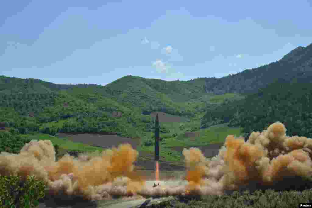 The intercontinental ballistic missile Hwasong-14 is seen during its test launch in this undated photo released by North Korea's Korean Central News Agency (KCNA) in Pyongyang.
