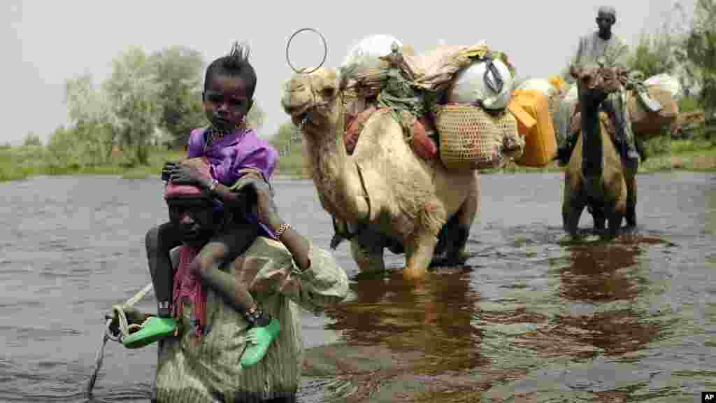 Chad Boko Haram 2Wasu makiyaya na tsallake tafkin Chadi akan Rakuma zuwa garin N'Gouboua.