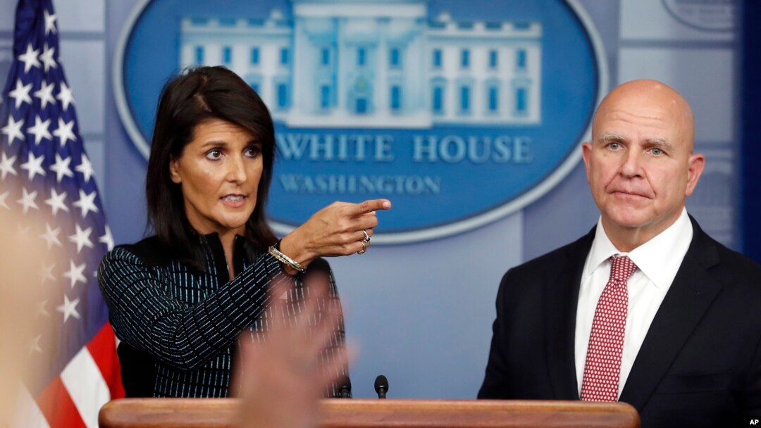 U.S. Ambassador to the United Nations Nikki Haley and national security adviser H.R. McMaster participate in a news briefing at the White House, in Washington, Sept. 15, 2017.