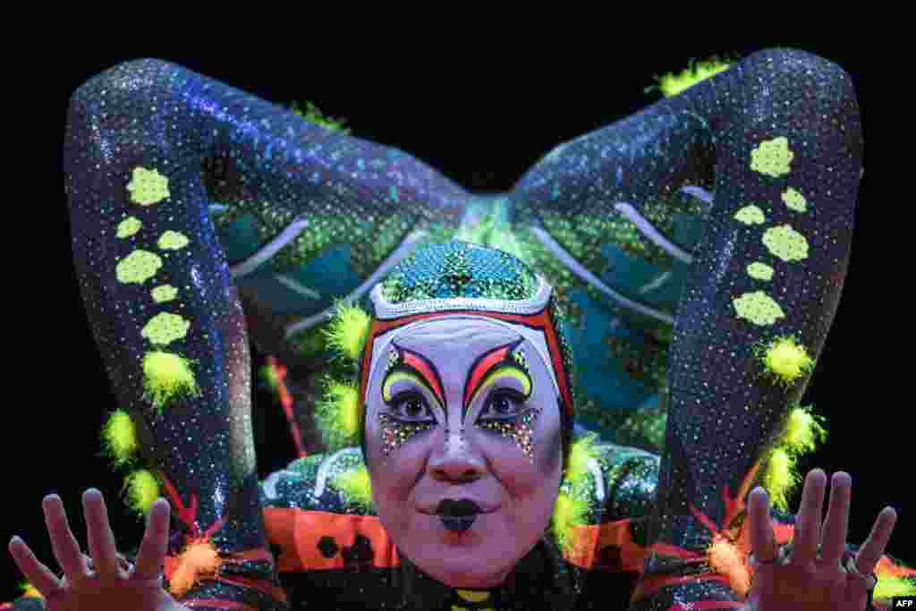 A member of the Canadian circus troop 'Le Cirque du Soleil' performs during the show "Totem" in Paris, France, Oct. 24, 2018.