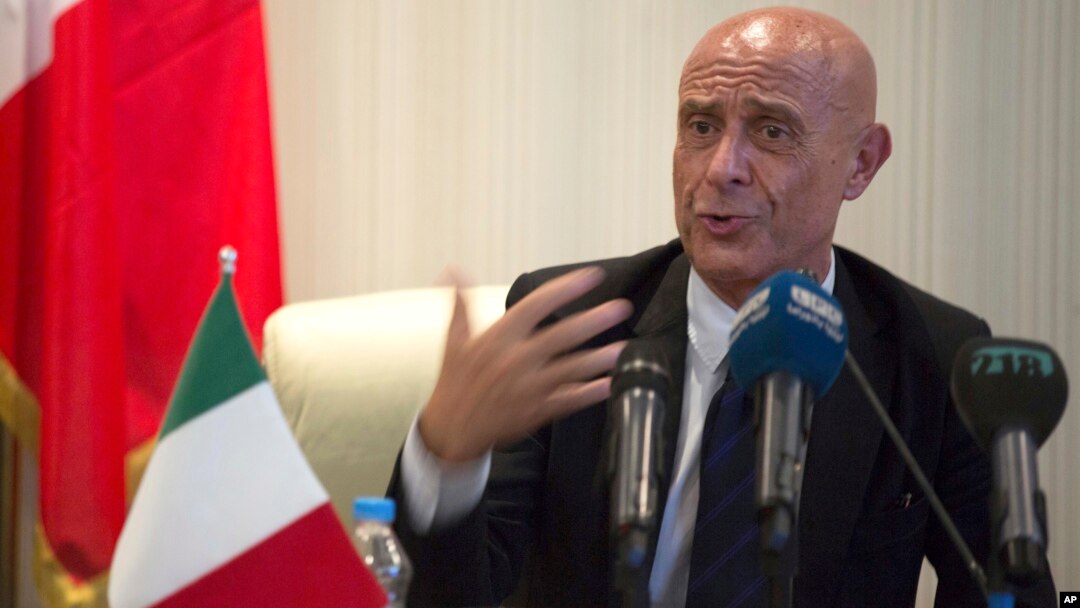 Italian Interior Minister Marco Minniti speaks during a meeting with Libyan Interior Minister Al-Arif Saleh Al-Khoja and the mayors of Libyan municipalities, to discuss the problem they face with migrants attempting to cross the Mediterranean Sea, July 13, 2017.