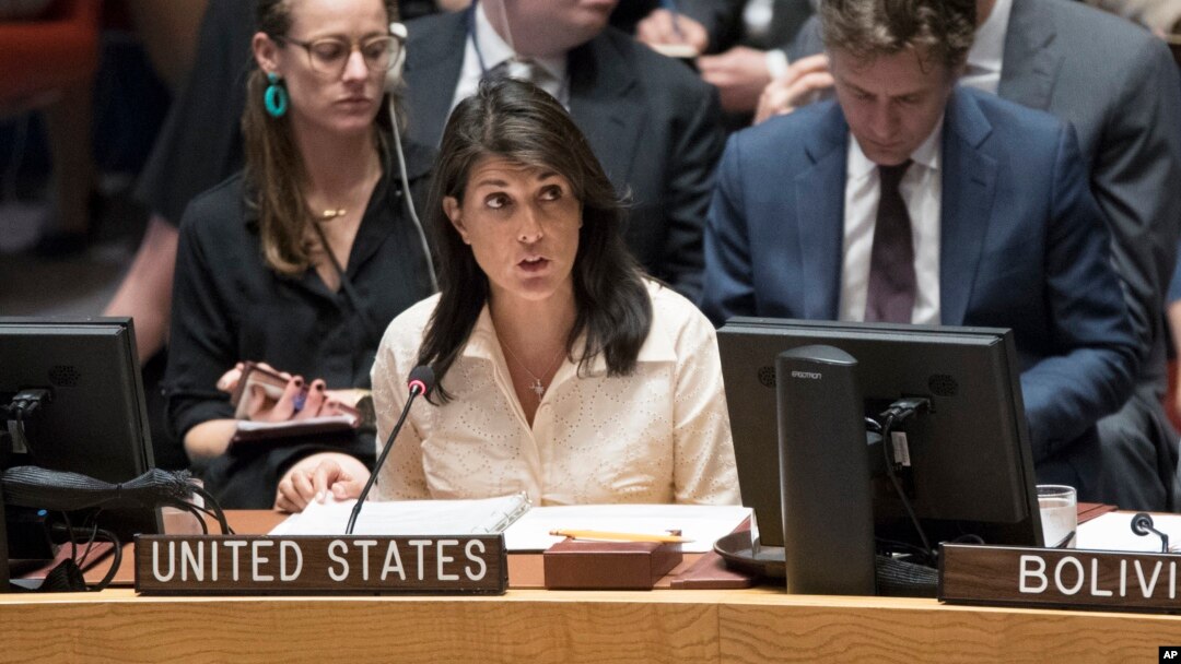 U.S. Ambassador to the United Nations Nikki Haley speaks during a Security Council meeting on the situation in Gaza, May 15, 2018, at United Nations headquarters in New York.