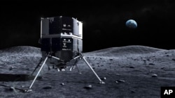 This illustration provided by ispace in April 2023 depicts the Hakuto spacecraft on the surface of the moon with the Earth in the background. 