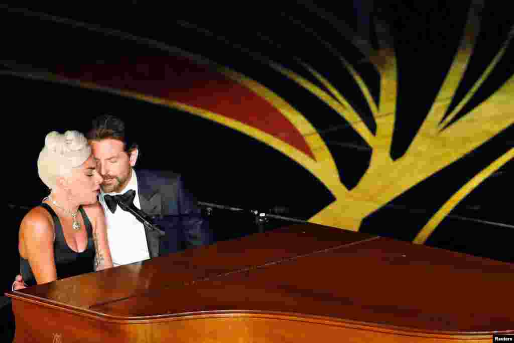 Lady Gaga and Bradley Cooper perform "Shallow" from "A Star Is Born" during the 91st Annual Academy Awards at the Dolby Theatre in Hollywood, California.