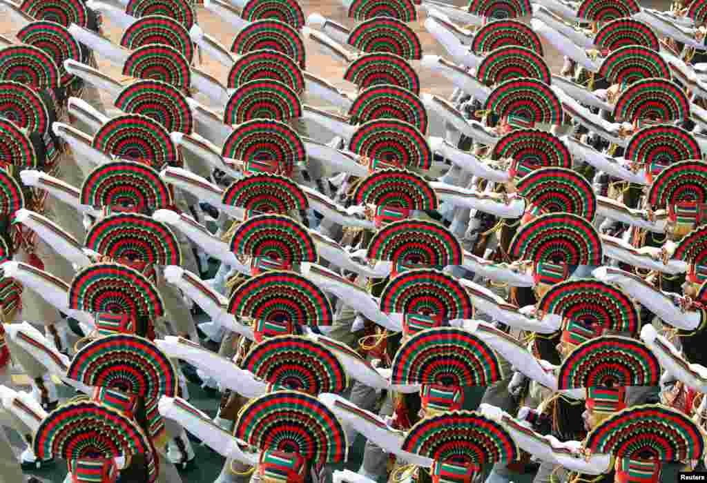 Indian soldiers march during the full dress rehearsal for the Republic Day parade in New Delhi, Jan. 23, 2019.