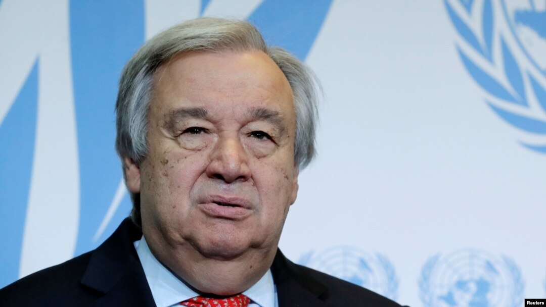 FILE - United Nations Secretary-General Antonio Guterres give a statement after delivering a speech.