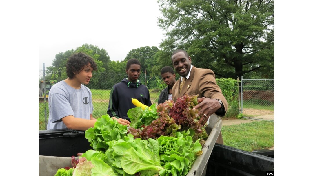 Bladensburg, Maryland Mayor Walter James gets his pick of produce from the Philip Sidibe, Adam Sidibe and Wudood Omran. (Rosanne Skirble/VOA)