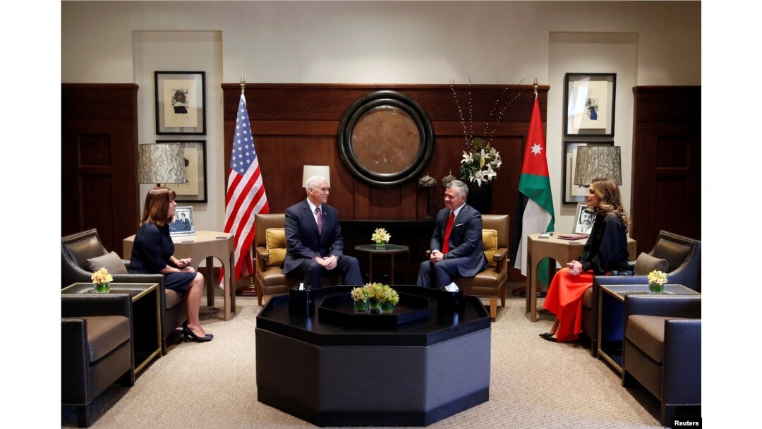 Jordan's King Abdullah, his wife Queen Rania (R), meet with U.S. Vice President Mike Pence, and wife Karen Pence, at the Royal Palace in Amman, Jordan, Jan. 21, 2018.