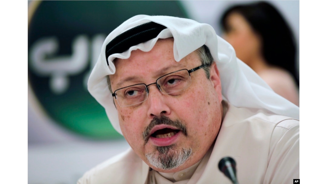 FILE - Saudi journalist Jamal Khashoggi speaks during a press conference in Manama, Bahrain, Feb. 1, 2015.