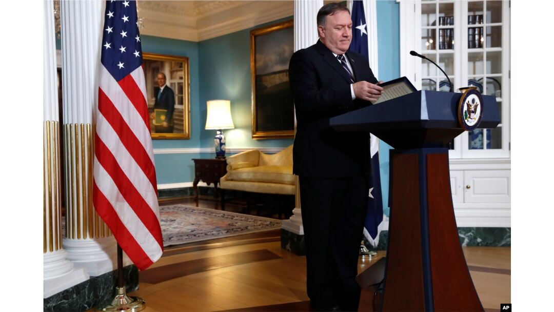 Secretary of State Mike Pompeo finishes speaking about refugees as he makes a statement to reporters Sept. 17, 2018, at the State Department in Washington.