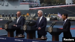 U.S. President Biden meets with Australian PM Albanese and British PM Sunak at Naval Base Point Loma in San Diego