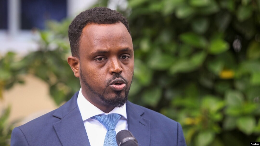 FILE - Somali deputy information minister Abdirahman Yusuf speaks during a news conference in Mogadishu, Somalia, May 6, 2021.