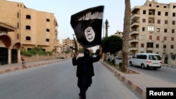 A member loyal to the Islamic State in Iraq and the Levant (ISIL) waves an ISIL flag i