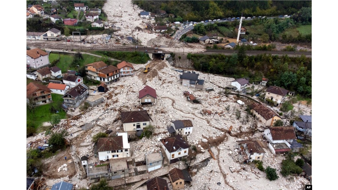 FILE - An aerial view shows the area destroyed by a landslide in Donja Jablanica, Bosnia, Oct. 5, 2024.