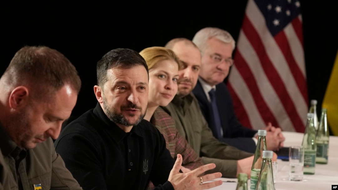 Ukraine's President Volodymyr Zelenskyy, second left, during a meeting with US Vice President JD Vance on the sidelines of the Munich Security Conference in Munich, Germany, Feb. 14, 2025. 