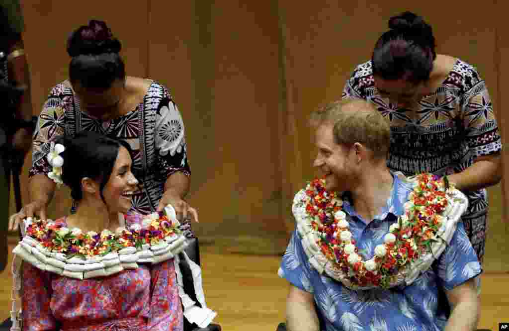 Britain's Prince Harry and Meghan, Duchess of Sussex visit the University of the South Pacific in Suva, Fiji.
