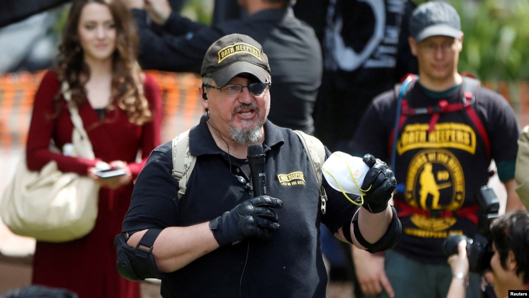 FILE - Oath Keepers founder Stewart Rhodes speaks during the Patriots Day Free Speech Rally in Berkeley, California, April 15, 2017.