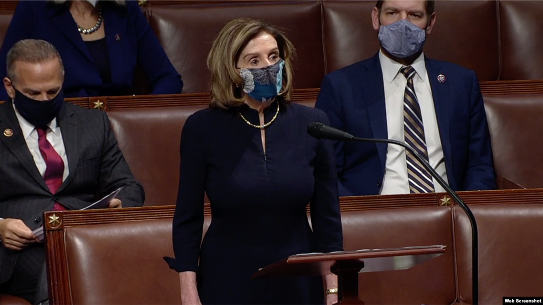 Nancy Pelosi, motambwisi ya ndako ya bakeli mibeko (House of representatives) na Capitole, Washington, 13 janvier 2021.