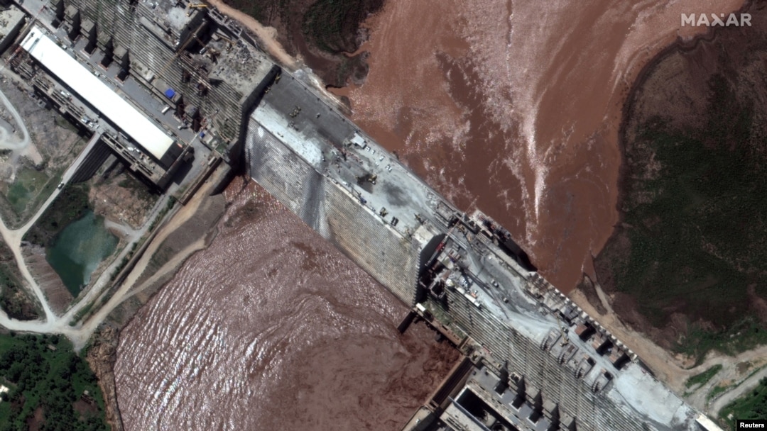 FILE - A handout satellite image shows a closeup view of the Grand Ethiopian Renaissance Dam (GERD) and the Blue Nile River in Ethiopia, June 26, 2020. 