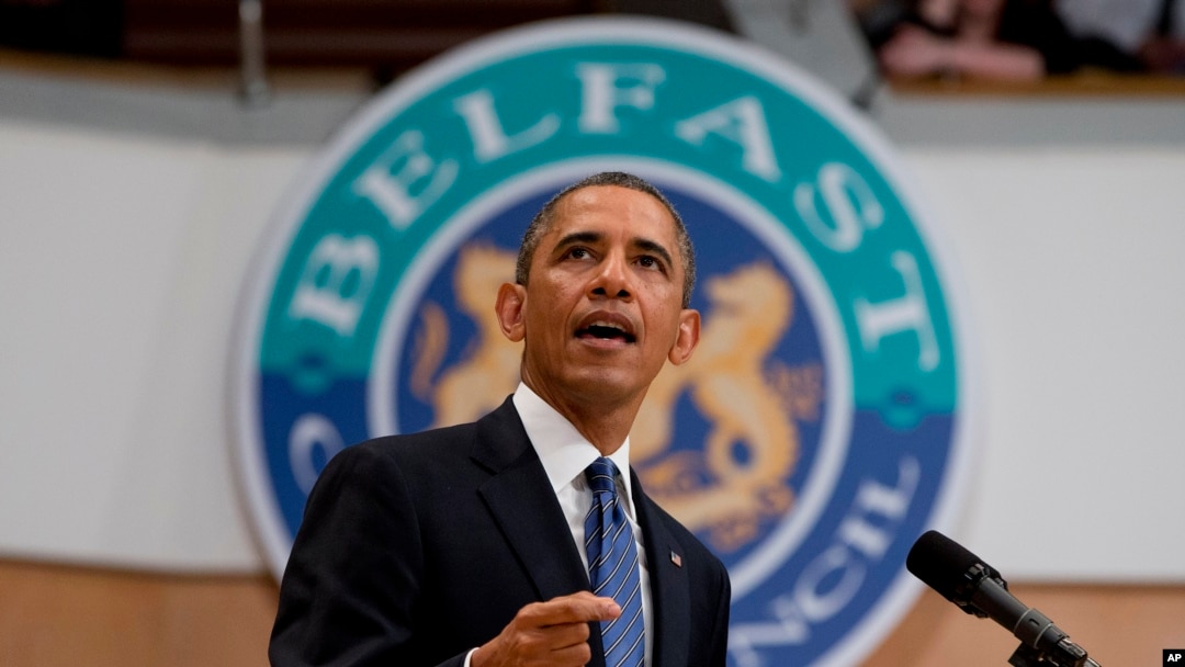 AQSh Prezidenti Barak Obama Belfastda o'tayotgan "Katta sakkizlik" anjumanida nutq so'zlamoqda, 17-iyun, 2013-yil.