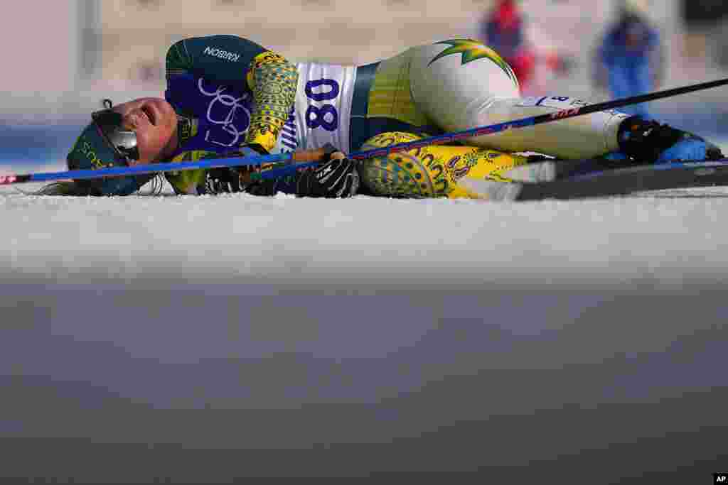 Australia's Casey Wright reacts after finishing the women's 10km classic cross-country skiing competition at the 2022 Winter Olympics, in Zhangjiakou, China.