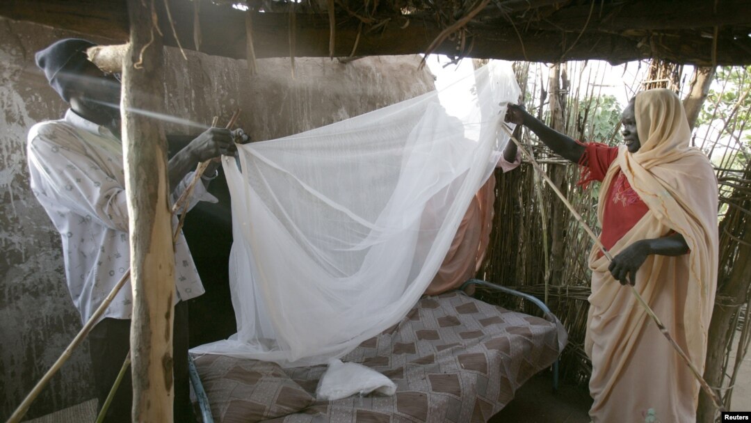 A Sudanese women gets help setting up a bed net (file photo)