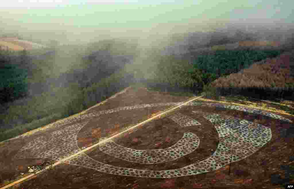 An aerial view shows the layout for the planting of trees in the shape of an eye, to create 'The Forest Eye', set to be the largest living forest feature in England, in Dalby Forest near Scarborough, north east England.