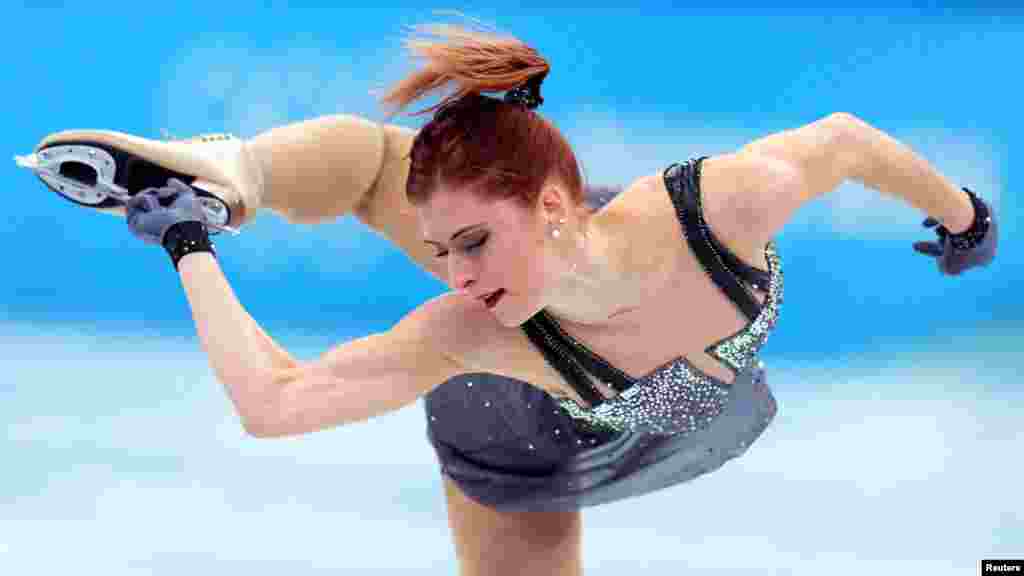 Eliska Brezinova of the Czech Republic competes in the women's short program figure skating at the 2022 Winter Olympics in Beijing.