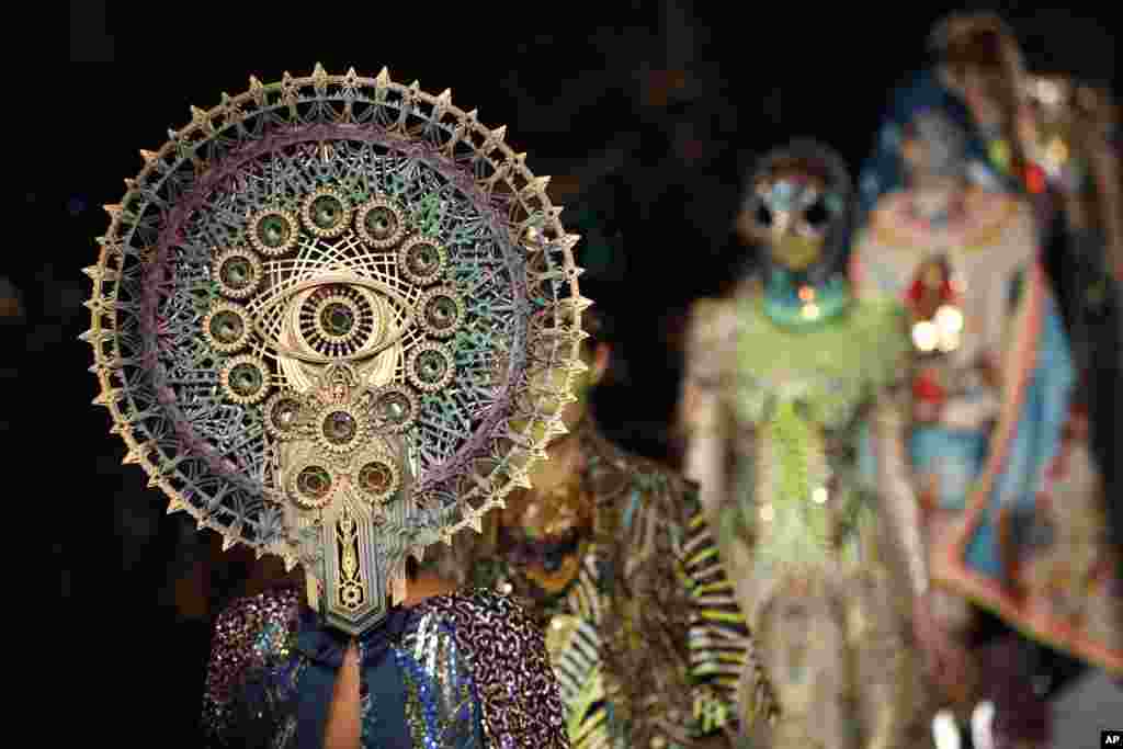 Models wear creations as part of the Manish Arora ready to wear Fall-Winter 2019-2020 collection, that was presented in Paris, France.