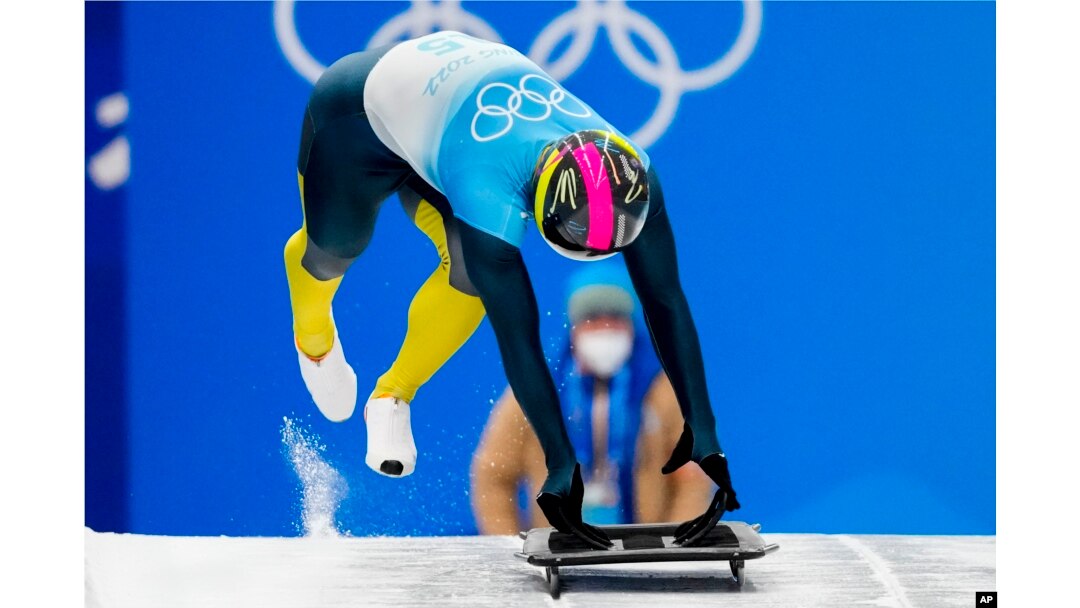 Vladyslav Heraskevych, of Ukraine, starts the men's skeleton run 3 at the 2022 Winter Olympics, Feb. 11, 2022, in the Yanqing district of Beijing.