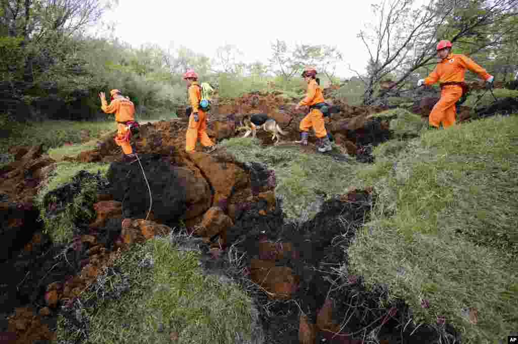 Rescuers and a search dog check the damage around a landslide area caused by earthquakes in Minamiaso, Kumamoto prefecture, Japan, April 17, 2016. Two nights of increasingly terrifying earthquakes flattened houses and triggered major landslides in southern Japan. 