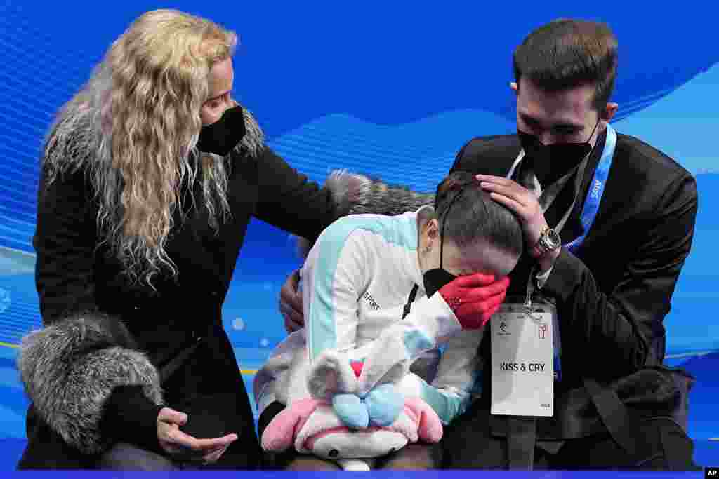Kamila Valieva of the Russian Olympic Committee reacts after competing in the women's free skate program during the figure skating competition at the 2022 Winter Olympics in Beijing.