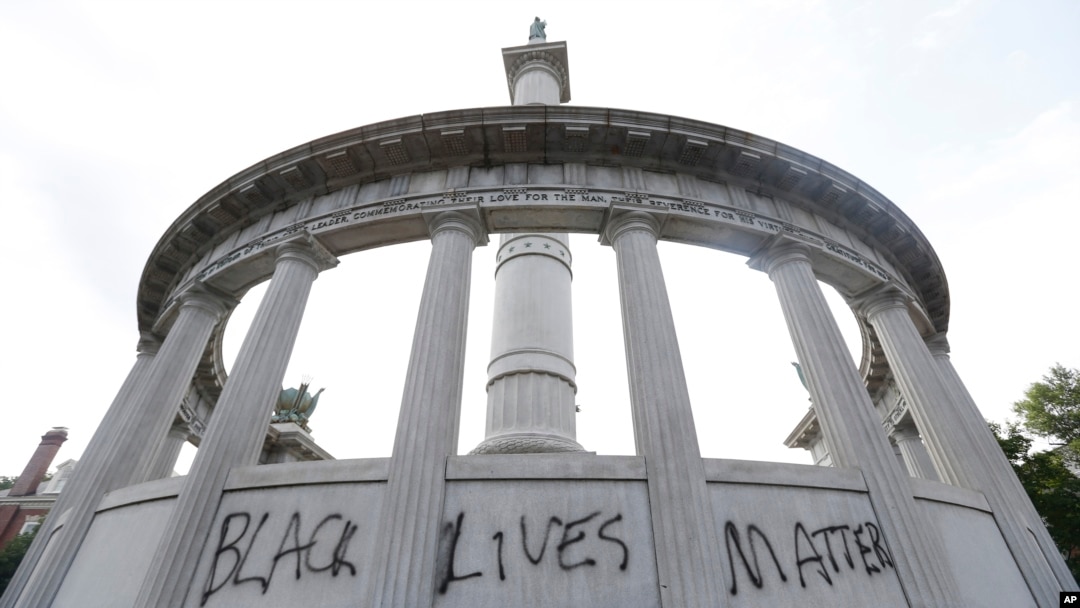 The words “Black Lives Matter” spray painted on a monument to former Confederate President Jefferson Davis in Richmond, Va., June 25, 2015.