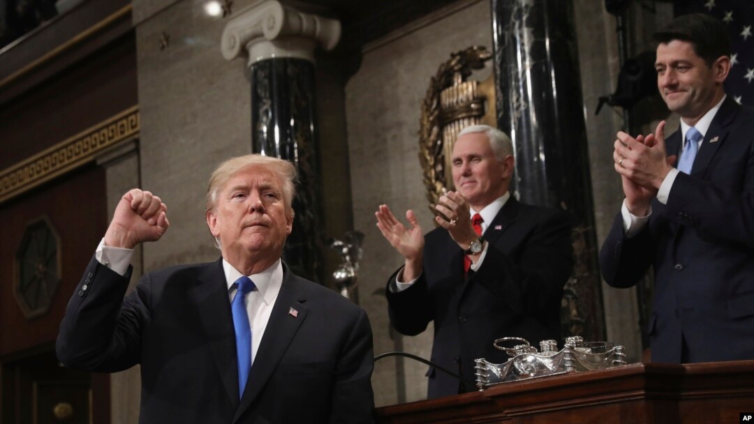 Rais Donald Trump akimaliza hotuba yake ya hali ya taifa katika Bunge la Congress, Jumanne, Januari 30, 2018.