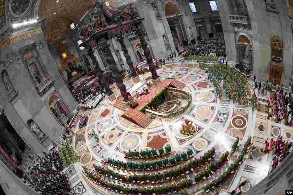 Pope Francis celebrates a closing Mass at the end of the Synod of Bishops in St. Peter's Basilica at the Vatican.