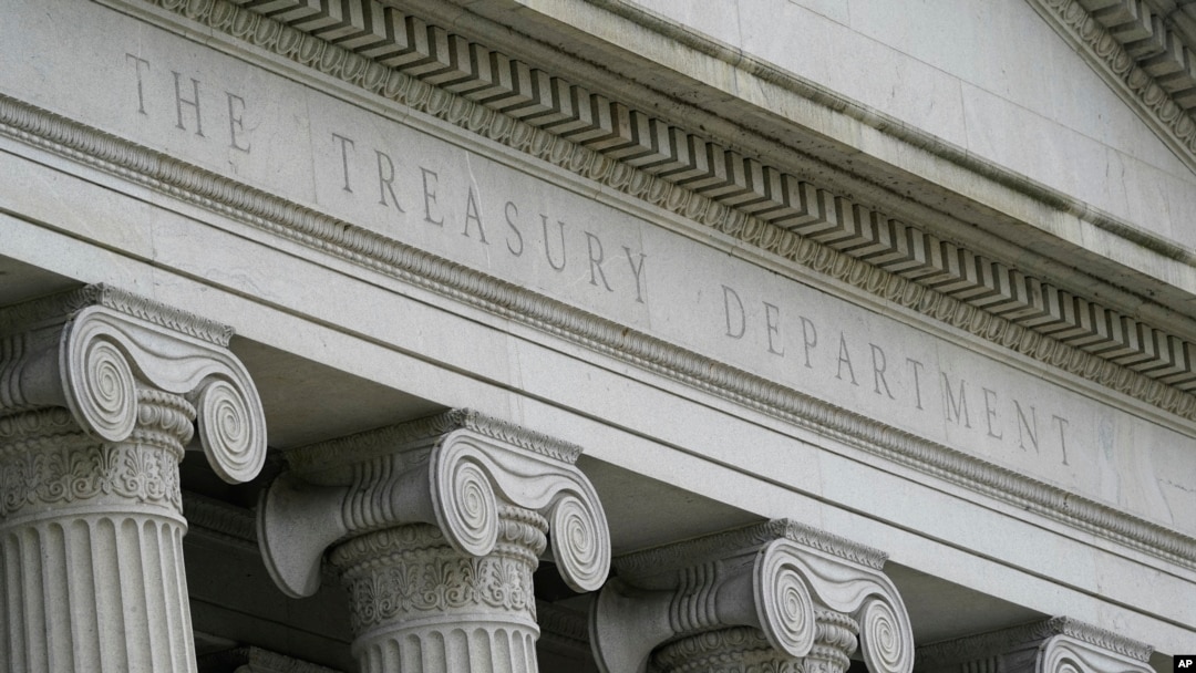FILE - The U.S. Treasury Building is seen in Washington on May 4, 2021. The United States sanctioned terrorist group Hamas' financial entities, Treasury officials announced on Oct. 18, 2023.