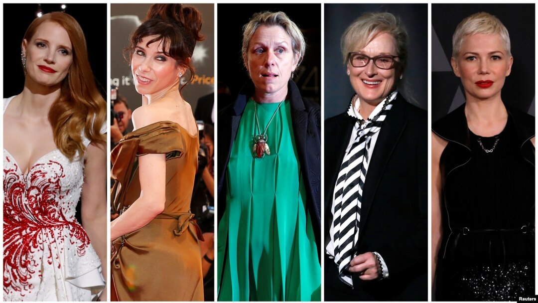 Nominees for the 75th Golden Globe Awards, Best Performance by an Actress in a Motion Picture, Drama category, (L-R) Jessica Chastain, Sally Hawkins, Frances McDormand, Meryl Streep and Michelle Williams are seen in a combination of file photos. 