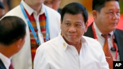 Philippine President Rodrigo Duterte arrives at the National Convention Center for scheduled bilateral meetings with ASEAN leaders on the sidelines of the 28th and 29th ASEAN Summits and other related summits Tuesday, Sept. 6, 2016.