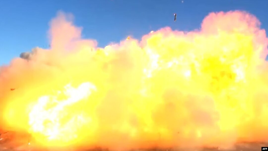This SpaceX video frame grab image shows SpaceX's Starship SN8 rocket prototype crashing on landing at the company's Boca Chica, Texas, facility during an attempted high-altitude launch test on Dec. 9, 2020.