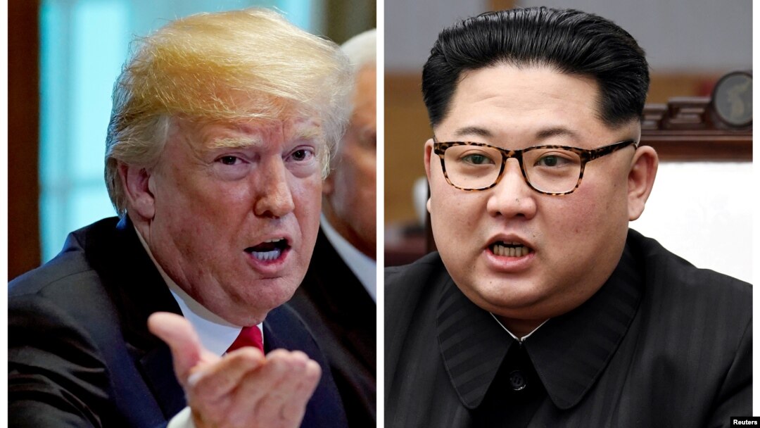 FILE - A combination photo shows U.S. President Donald Trump, left, in Washignton, May 17, 2018, and North Korean leader Kim Jong Un in Panmunjom, South Korea, April 27, 2018.