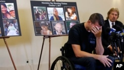 Jason McMillan, 36, of Riverside, a Riverside County Sheriff's deputy who was shot and paralyzed in the Oct, 1, 2017, Las Vegas shooting, reacts as he talks about that evening and is upset about MGM's decision, during a personal account brought together by attorneys at a news conference in Newport Beach, Califorinia, July 23, 2018.