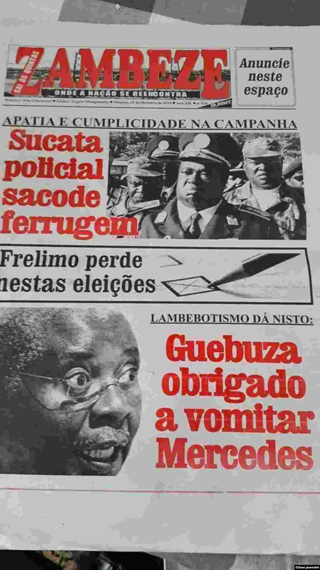 Capa Jornal Zambeze em altura de campanha eleitoral em Moçambique. 2 Outubro 2014. Enviado por António Rafael