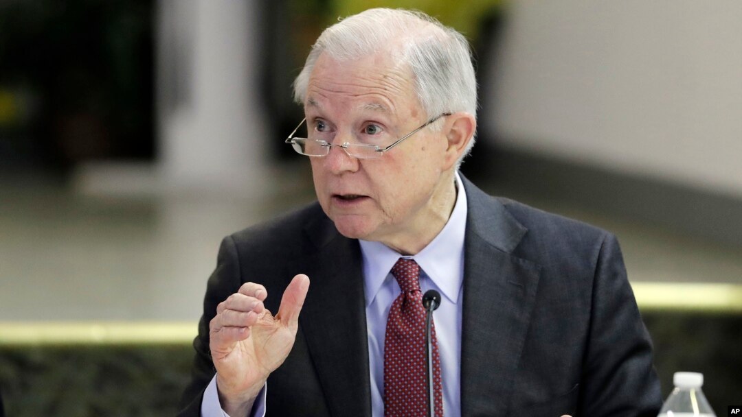 FILE - U.S. Attorney General Jeff Sessions speaks to members of the Indianapolis Ten Point Coalition, Nov. 6, 2017, in Indianapolis, Indiana. 