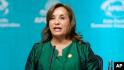 La presidenta de Perú, Dina Boluarte, habla durante la cumbre anual de Cooperación Económica Asia Pacífico, APEC, en Lima, Perú, el sábado 16 de noviembre de 2024. 