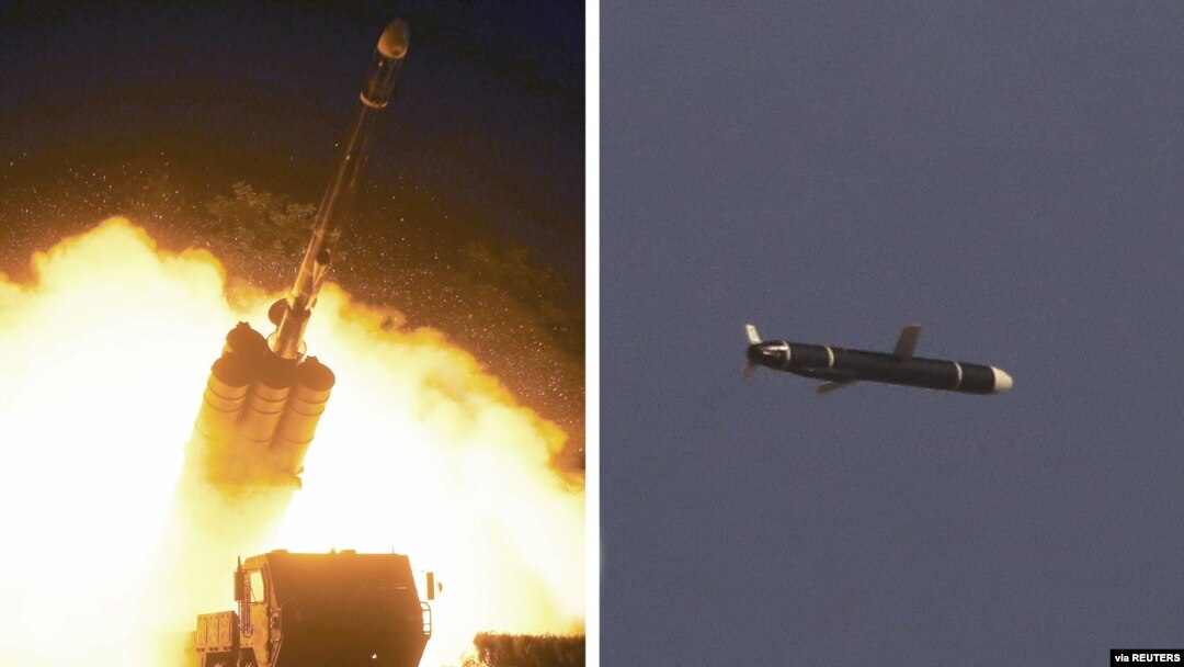 The Academy of National Defense Science conducts long-range cruise missile tests in North Korea, as pictured in this combination of undated photos supplied by North Korea's Korean Central News Agency (KCNA) on Sept. 13, 2021. 